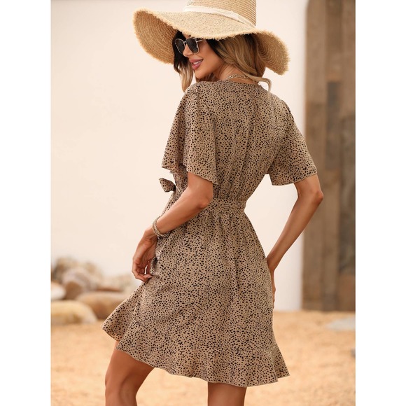 dot Print short Sleeve Ruffle belted Wrap Dress black tan boho - Picture 2 of 11